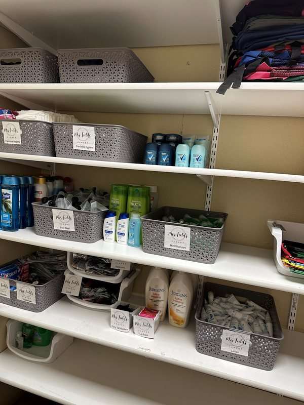 Mrs. Field's Closet shelves full of personal care items for students in need